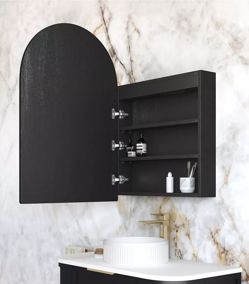 LED Archie 900mm x 600mm Black Oak Shaving Cabinet Interior