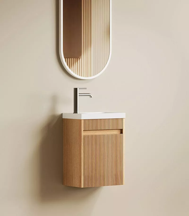 Space Saver 400mm Ensuite Wall Hung Vanity - Woodland Oak Side view Space Saver 400mm Ensuite Wall Hung Vanity - Woodland Oak Side view