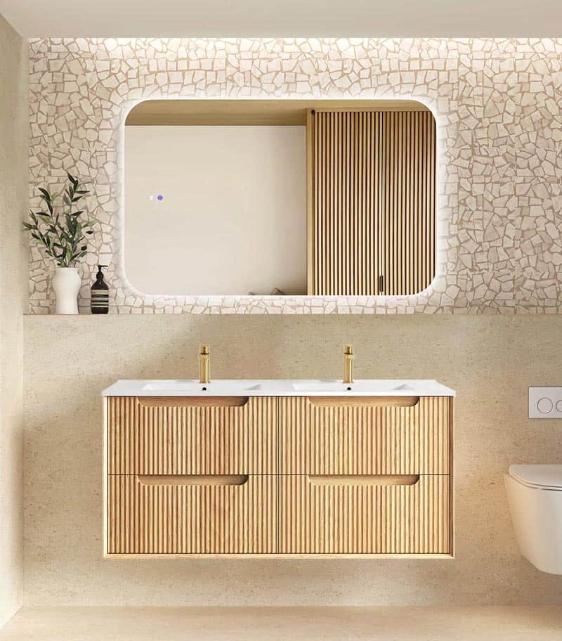 Byron Fluted 1200mm Double Bowl Wall Hung Vanity - Woodland Oak with Ceramic Top