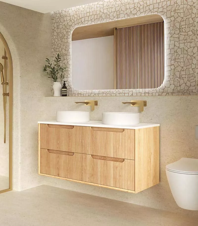 Byron Fluted 1200mm Double Bowl Wall Hung Vanity - Woodland Oak Side View