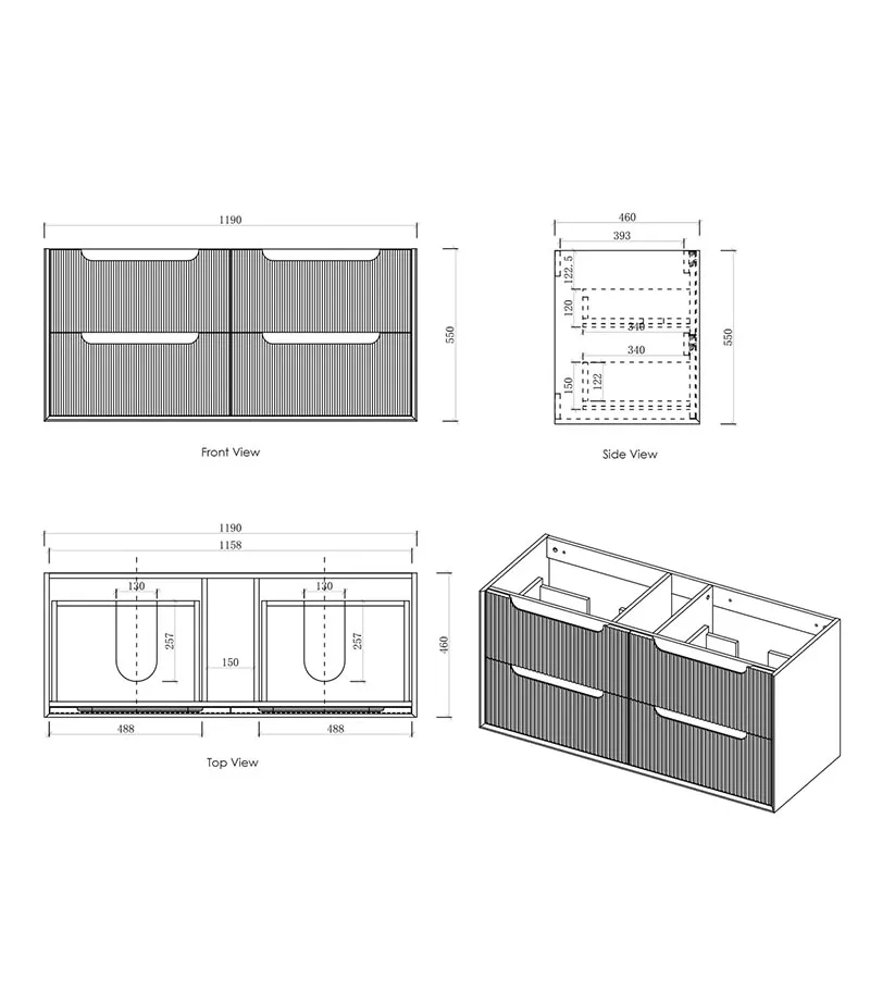 Byron Fluted 1200mm Double Bowl Wall Hung Vanity - Woodland Oak Specification