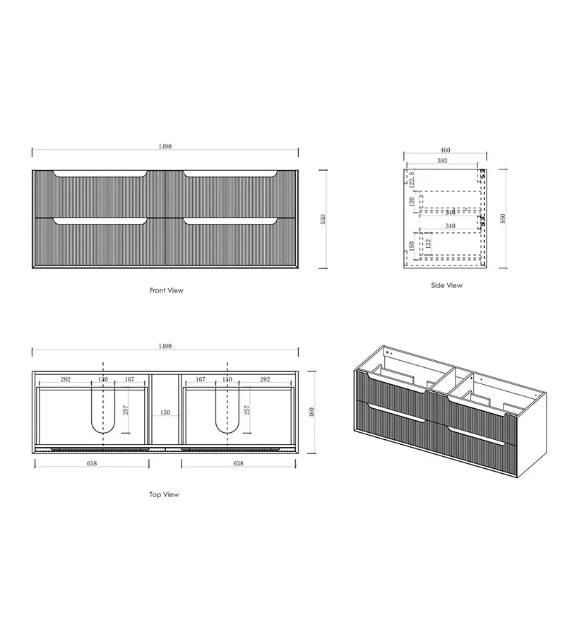 Byron Fluted 1500mm Wall Hung Vanity - Woodland Oak Specification Byron Fluted 1500mm Wall Hung Vanity - Woodland Oak Specification