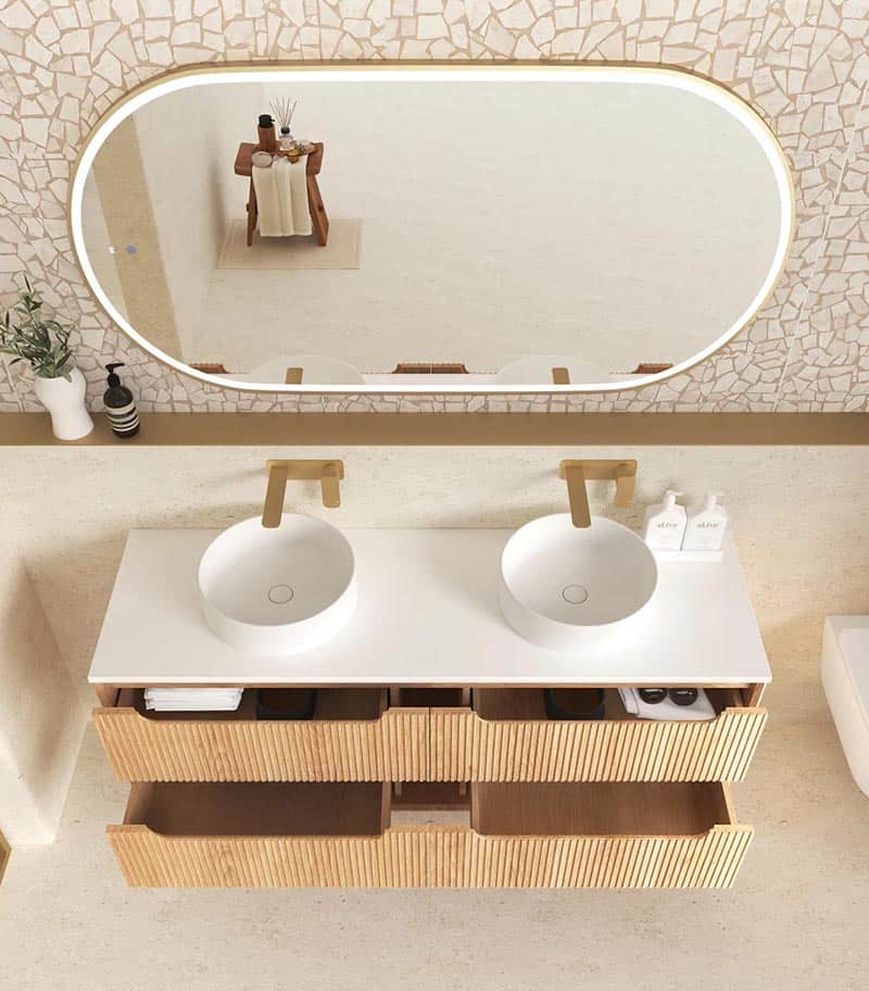Byron Fluted 1500mm Wall Hung Vanity - Woodland Oak Open Drawer