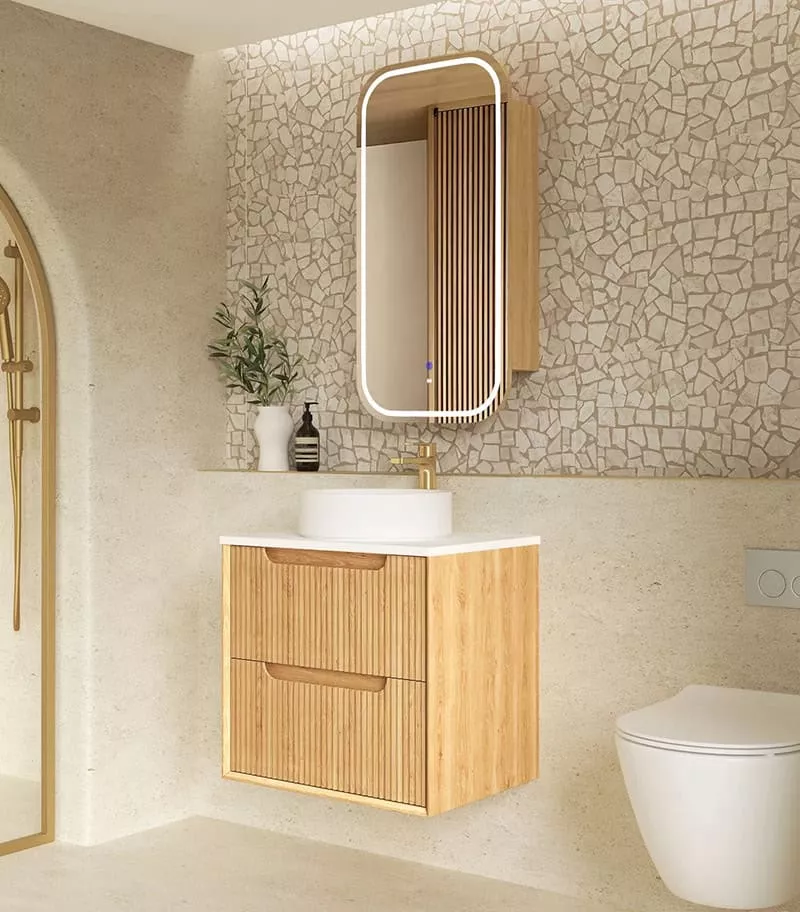 Byron Fluted Woodland Oak 600mm Wall Hung Vanity Side View Byron Fluted Woodland Oak 600mm Wall Hung Vanity Side View