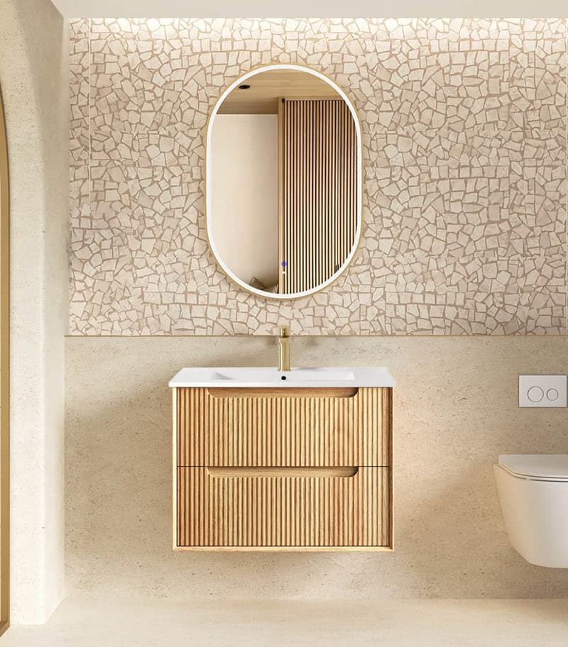 Byron Fluted Wooldland Oak 750mm Wall Hung Vanity with Ceramic Top