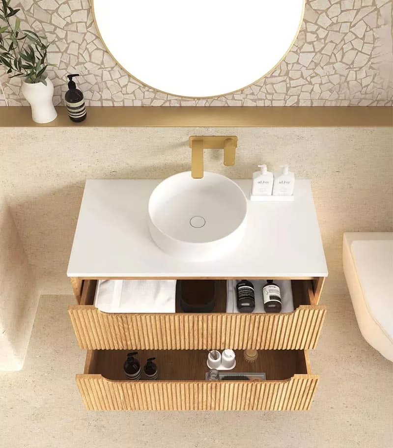 Byron Fluted Wooldland Oak 750mm Wall Hung Vanity Open Drawers Byron Fluted Wooldland Oak 750mm Wall Hung Vanity Open Drawers
