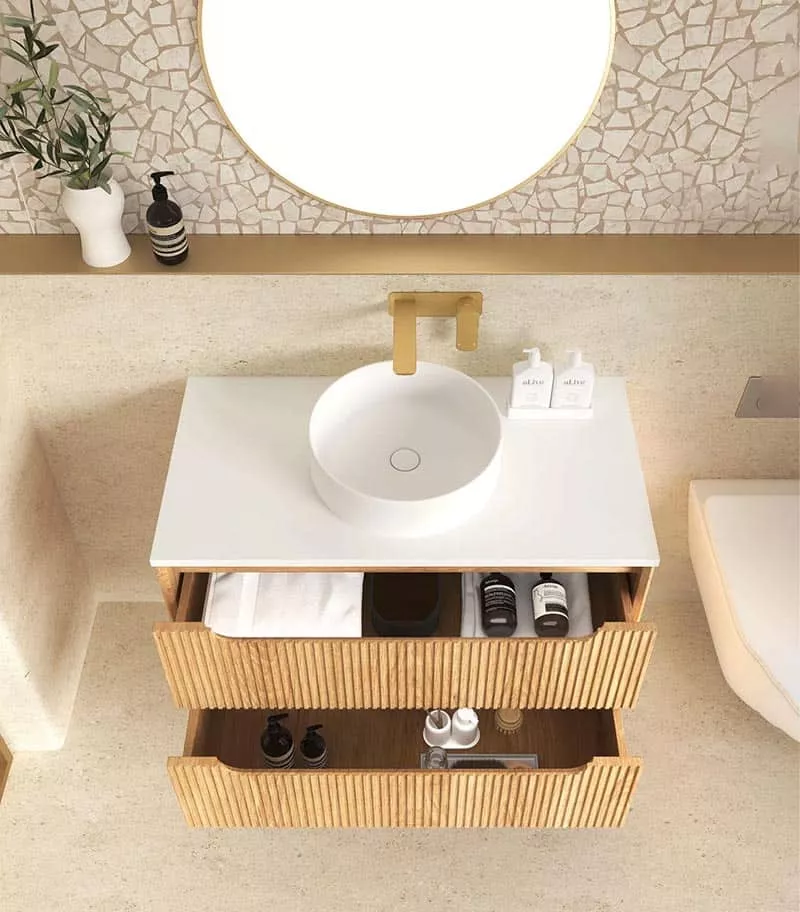 Byron Fluted Woodland Oak 900mm Wall Hung Vanity Open Drawers Byron Fluted Woodland Oak 900mm Wall Hung Vanity Open Drawers