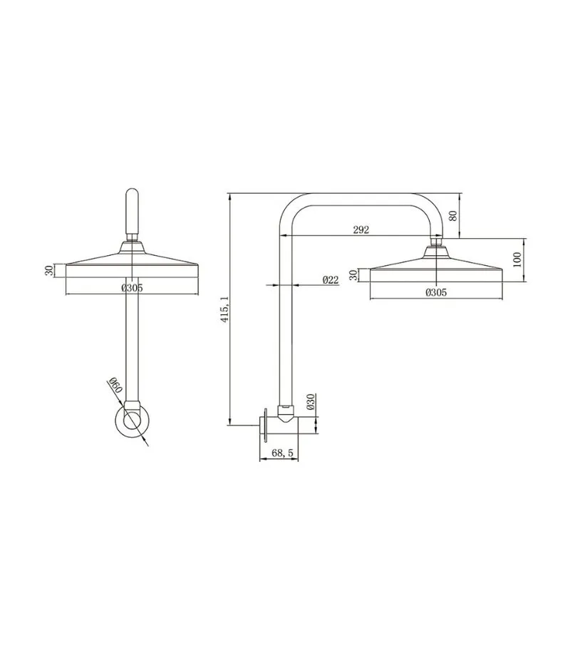 Galaxy 300mm Two-function Shower Head With Gooseneck Arm - Specification