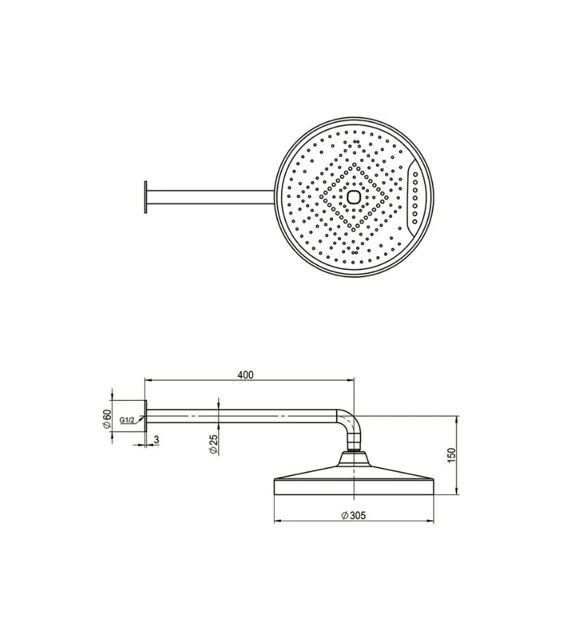 Galaxy 300mm Two-function Shower Head With Straight Arm - Specification