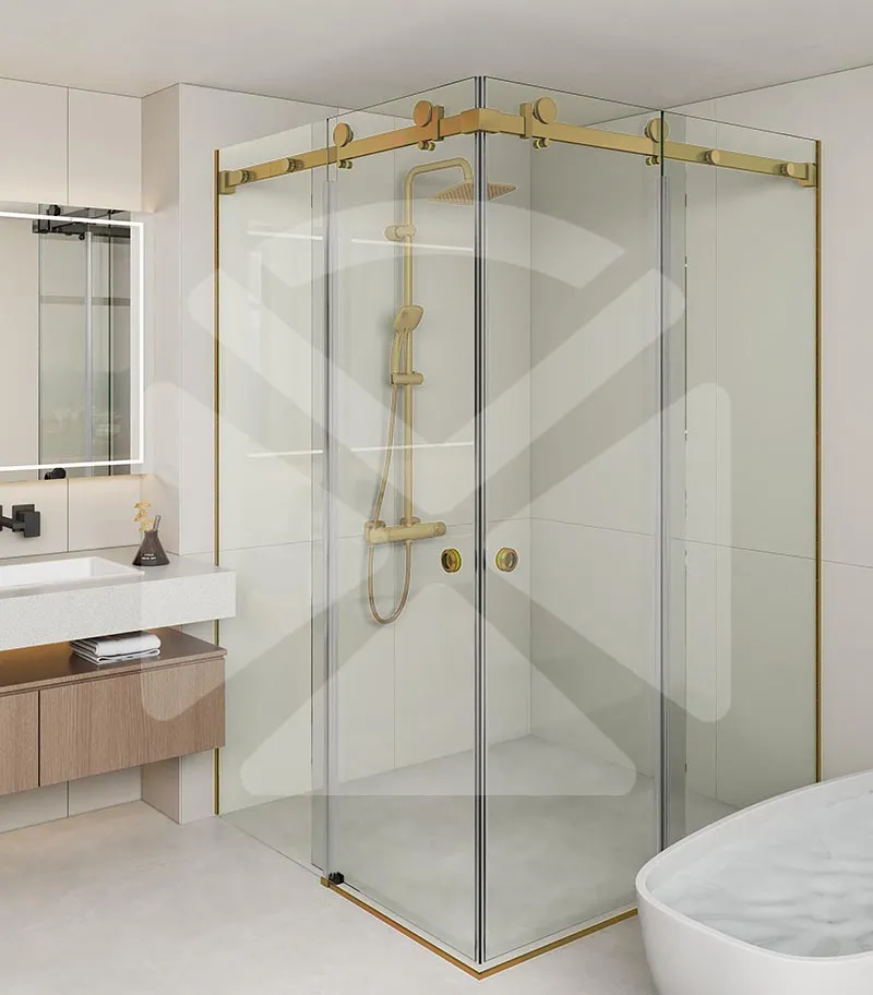 Square / L Shape Frameless Double-Corner Sliding Door Shower Screen – Brushed Gold Fittings