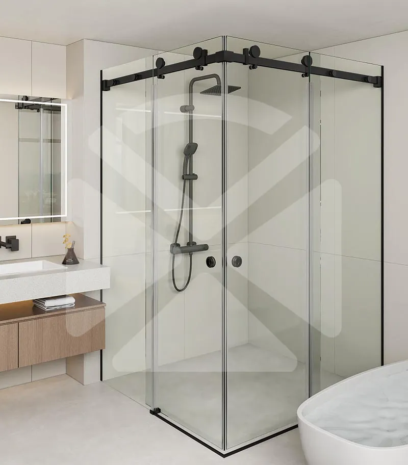 Square / L Shape Frameless Double-Corner Sliding Door Shower Screen – Matt Black Fittings