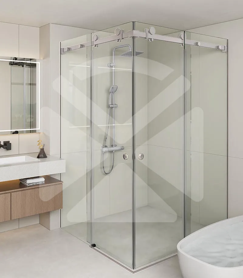 Square / L Shape Frameless Double-Corner Sliding Door Shower Screen – Brushed Nickel Fittings