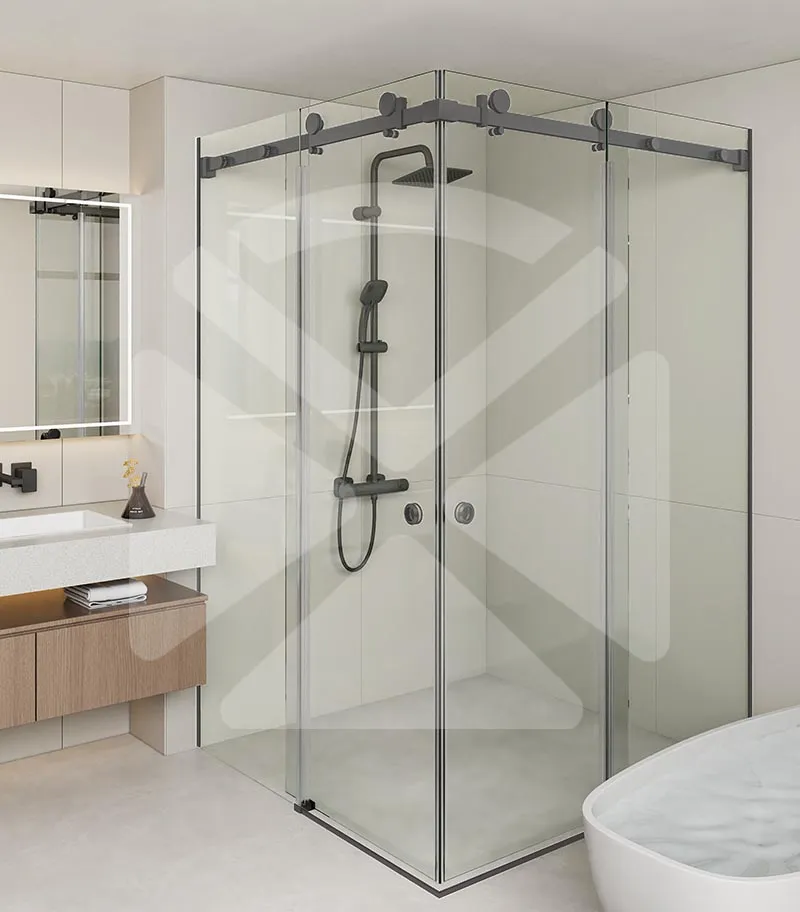 Square / L Shape Frameless Double-Corner Sliding Door Shower Screen – Gunmetal Fittings