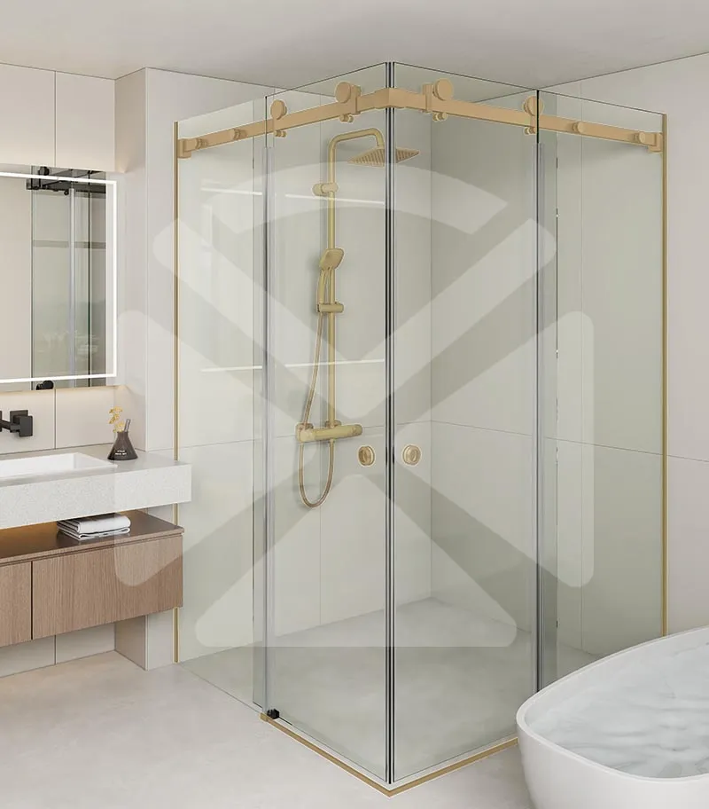 Square / L Shape Frameless Double-Corner Sliding Door Shower Screen – Light Gold Fittings