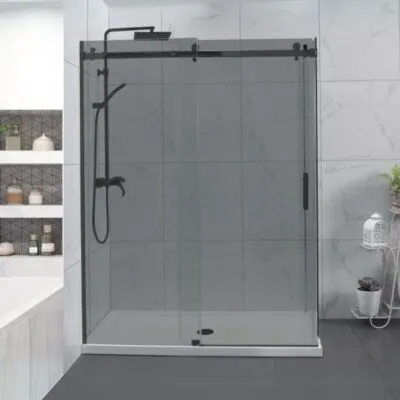L-Shape Frameless Sliding Door Shower Screen with Grey Glass – Gunmetal Fittings