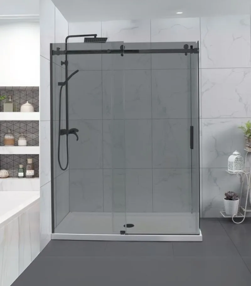 L-Shape Frameless Sliding Door Shower Screen with Grey Glass – Gunmetal Fittings