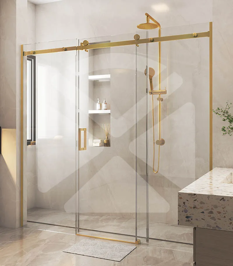 Three-Panel Frameless Wall to Wall Shower Screen – Brushed Gold Fittings
