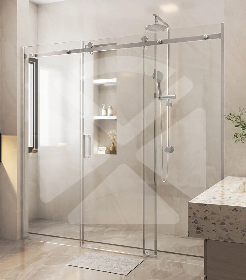 Three-Panel Frameless Wall to Wall Shower Screen – Brushed Nickel Fittings