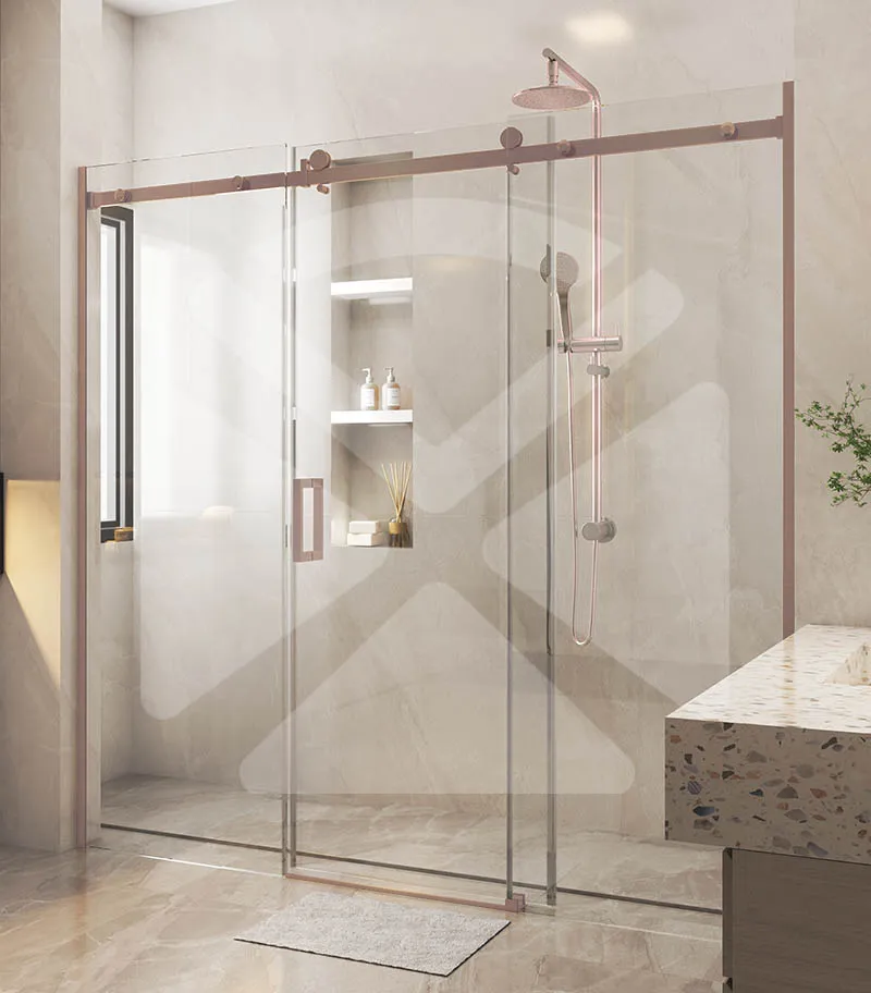 Three-Panel Frameless Wall to Wall Shower Screen – Brushed Bronze Fittings