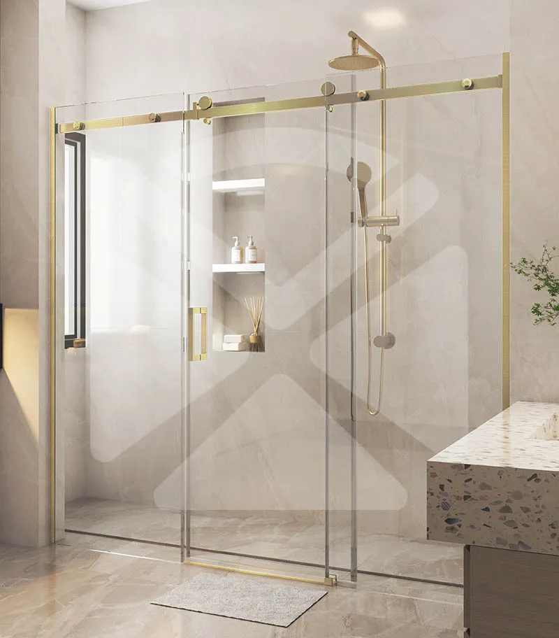 Three-Panel Frameless Wall to Wall Shower Screen – Light Gold Fittings