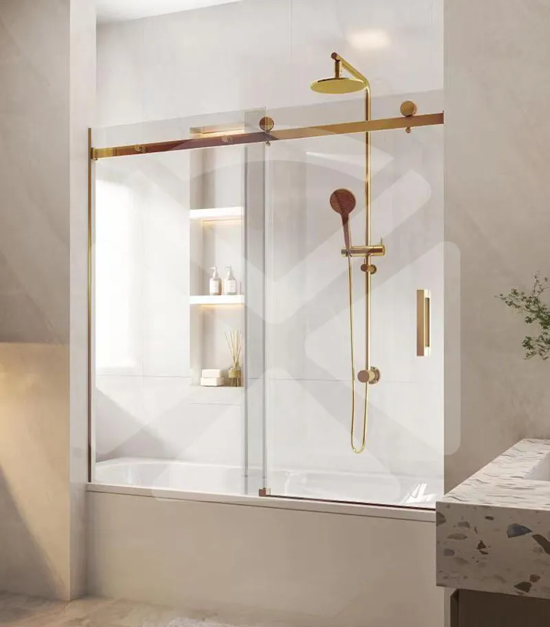 Frameless Wall to Wall Overbath Shower Screen – Brushed Gold Fittings