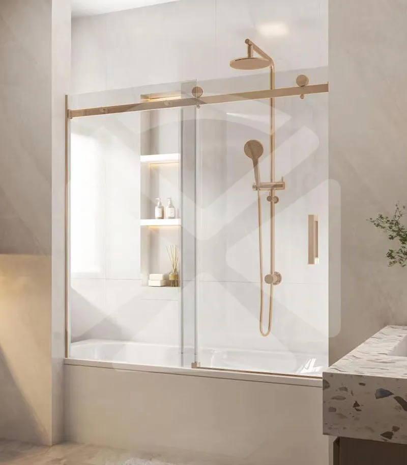 Frameless Wall to Wall Overbath Shower Screen – Brushed Bronze Fittings
