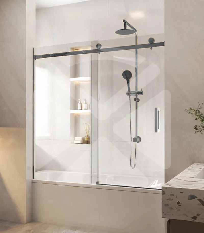 Frameless Wall to Wall Overbath Shower Screen – Gunmetal Fittings