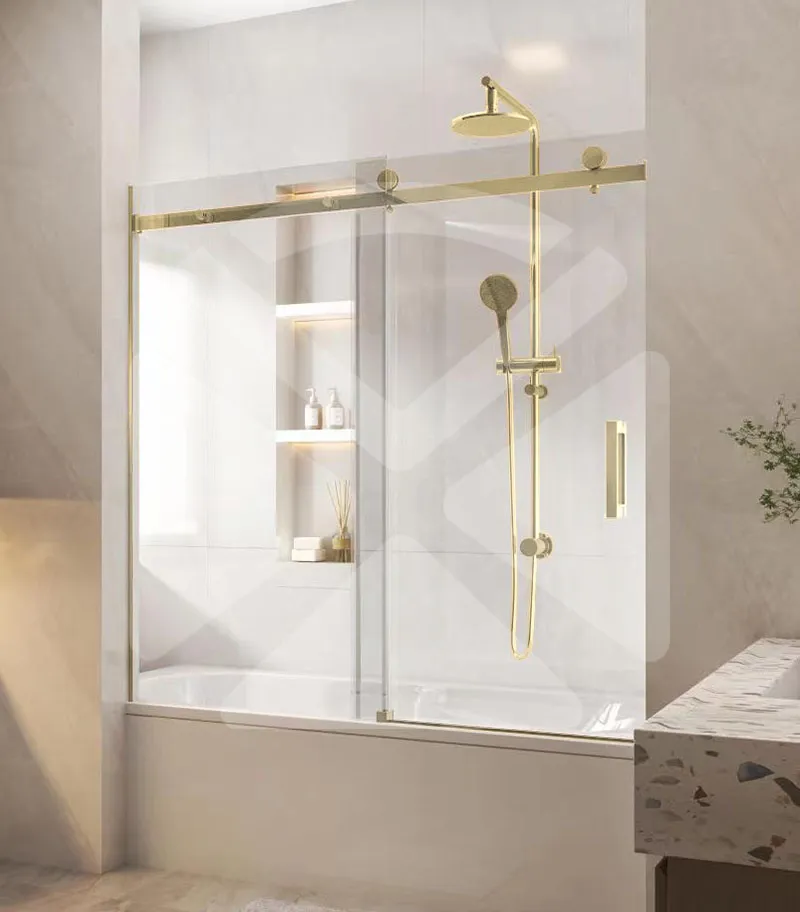 Frameless Wall to Wall Overbath Shower Screen – Light Gold Fittings