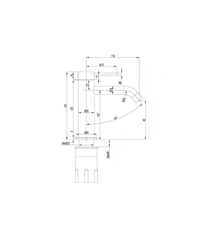 Amoza Curved Spout Short Basin Mixer Specification
