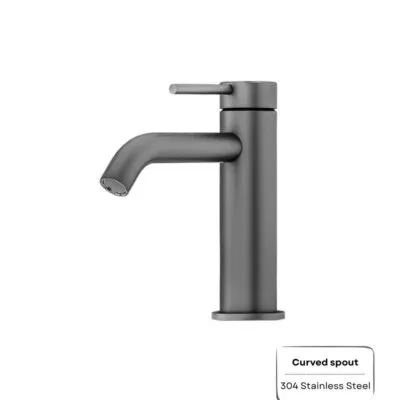 Amoza Curved Spout Short Basin Mixer - Gunmetal