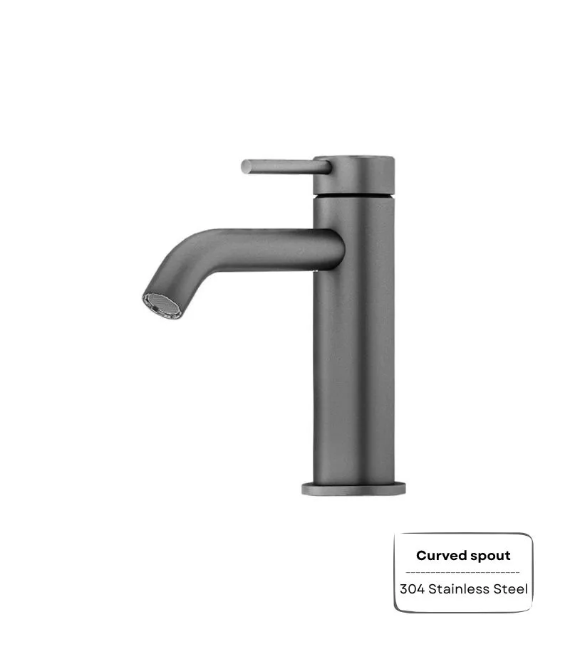 Amoza Curved Spout Short Basin Mixer - Gunmetal