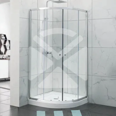 Curved Semi-Frameless Sliding Door Shower Screen with Centre Opening – Chrome Fittings