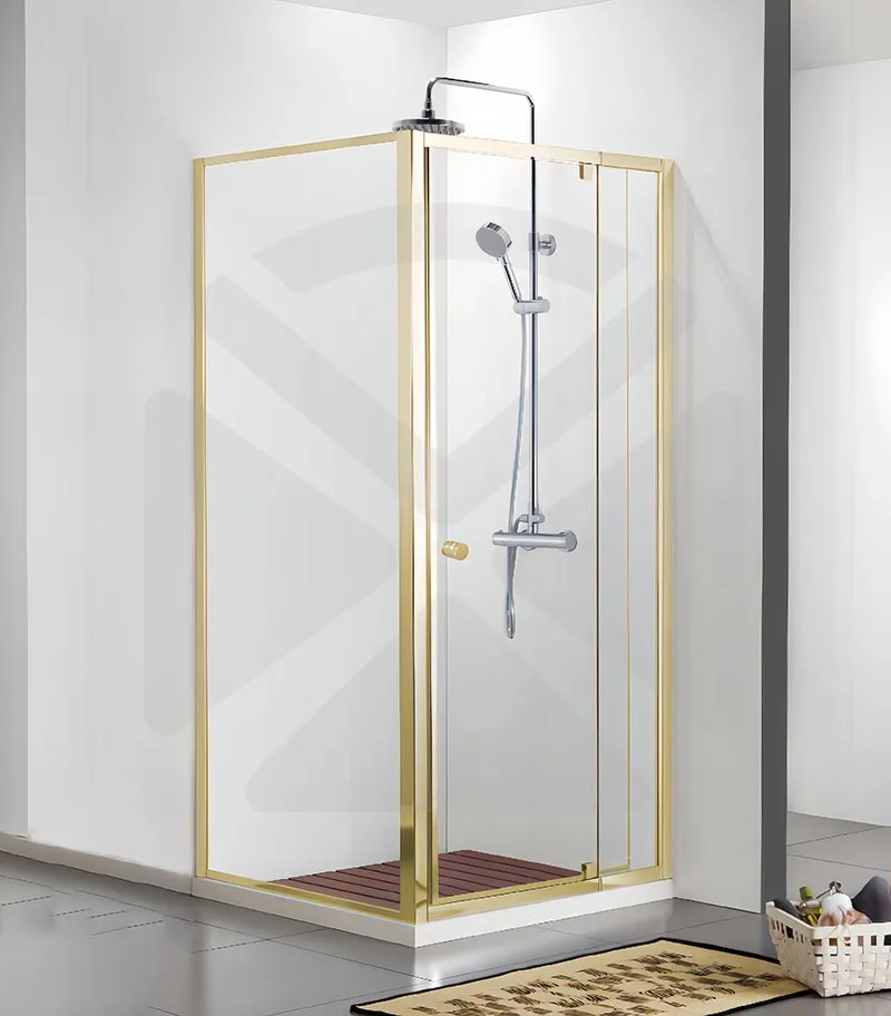 Square & L-Shape Semi-Frameless Pivot Door Shower Screen with Knob Handle - Light Gold Fittings