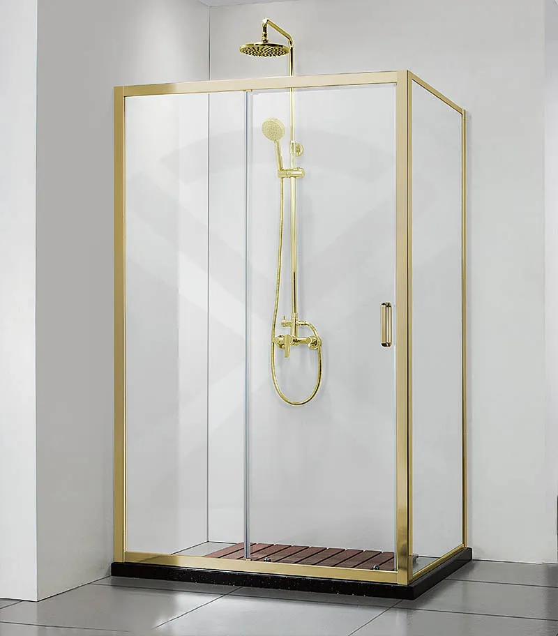 Square & L-Shape Semi-Frameless Sliding Door Shower Screen with Square Handle – Light Gold Fittings