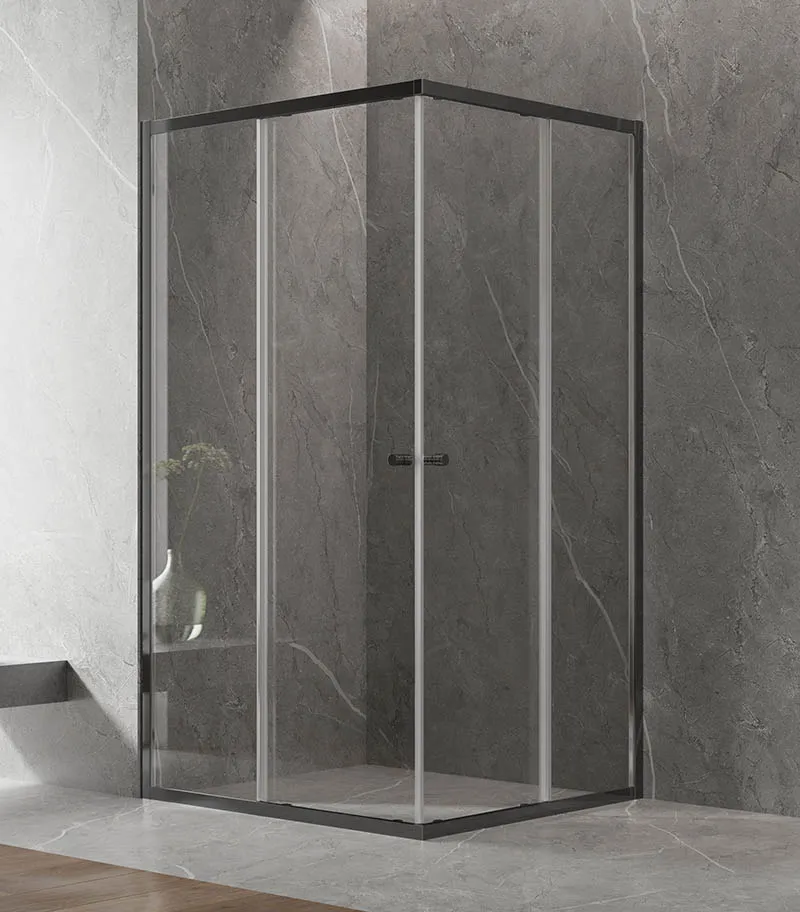 Square Semi-Frameless Sliding Door Shower Screen with Centre Opening – Matt Black Fittings