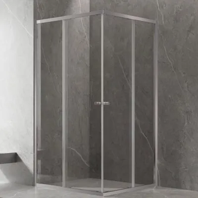 Square & L-Shape Semi-Frameless Sliding Door Shower Screen with Centre Opening – Brushed Nickel Fittings