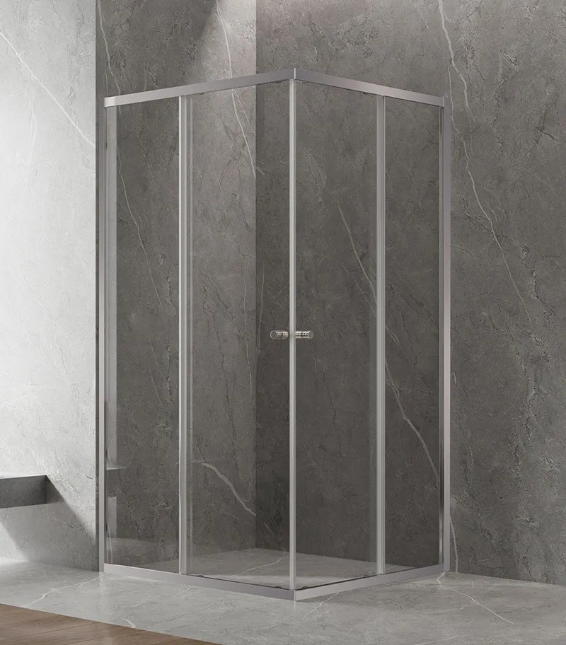 Square Semi-Frameless Sliding Door Shower Screen with Centre Opening – Brushed Nickel Fittings
