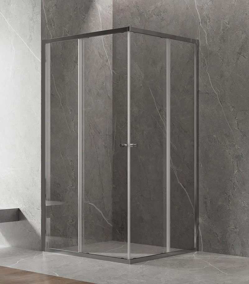 Square Semi-Frameless Sliding Door Shower Screen with Centre Opening – Gunmetal Fittings