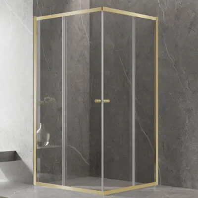 Square & L-Shape Semi-Frameless Sliding Door Shower Screen with Centre Opening – Light Gold Fittings