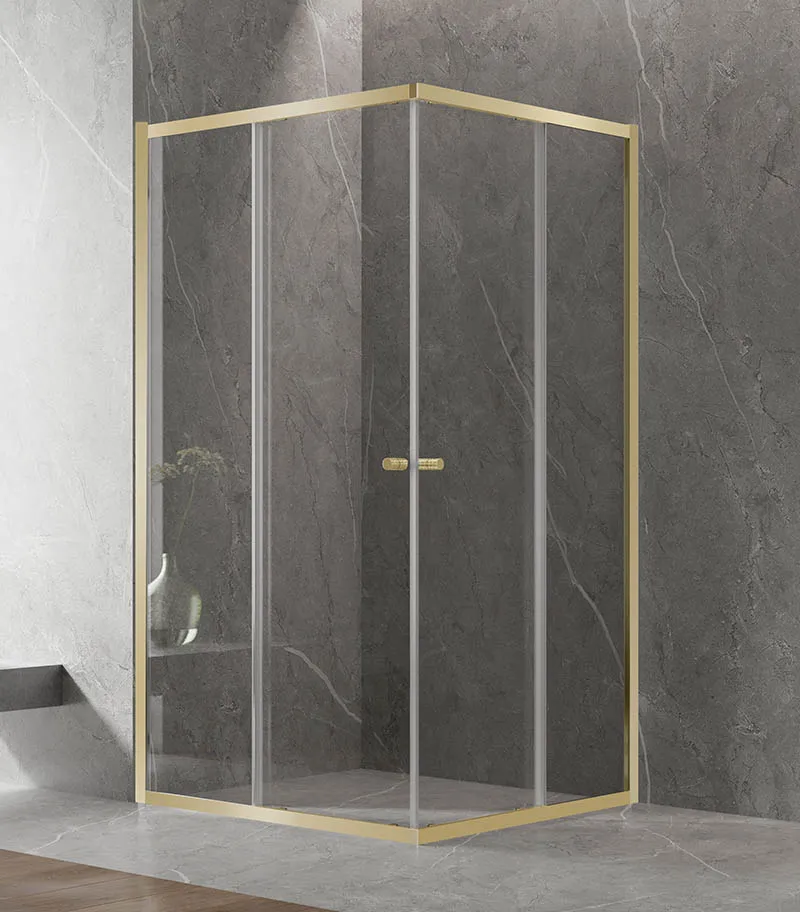 Square Semi-Frameless Sliding Door Shower Screen with Centre Opening – Light Gold Fittings