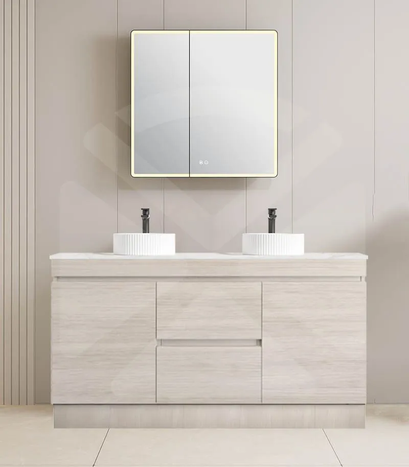 Camden 1200mm Double Bowl Floorstanding Vanity with Kickboard - Coastal Oak with Marble Stone Top