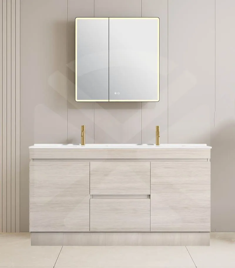 Camden 1500mm Double Bowl Floorstanding Vanity with Kickboard - Coastal Oak with Ceramic Top