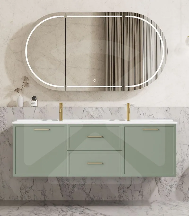 Kingsley 1500mm Double Bowl Wall Hung Vanity - Matt Green with Ceramic Top