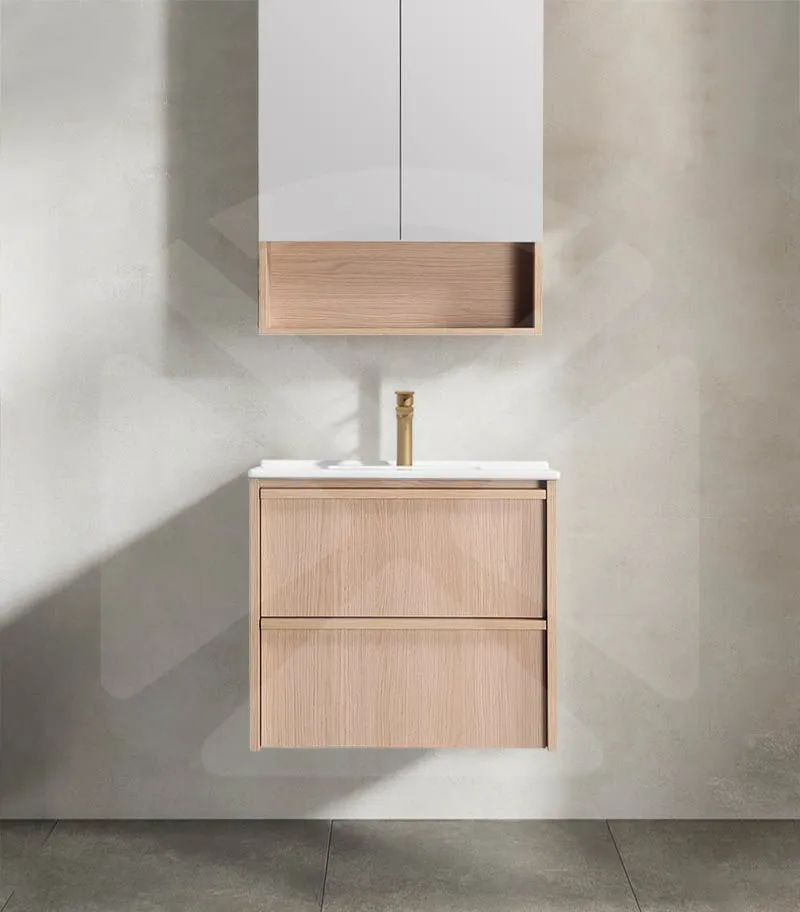 Ridgewood 600mm Plywood Wall Hung Vanity - Sandy Oak with Ceramic Top