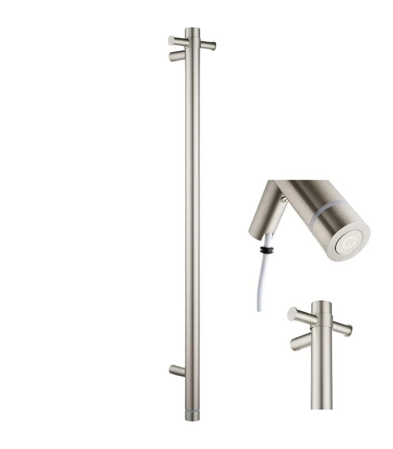 Aqua Vertical Single Bar Heated Towel Rail – With Timer - Brushed Nickel