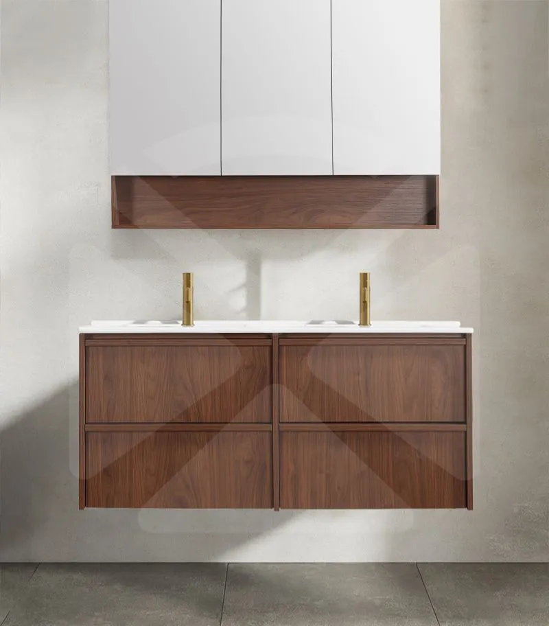 Ridgewood 1200mm Plywood Double Bowl Wall Hung Vanity - Mocha Oak with Ceramic Top