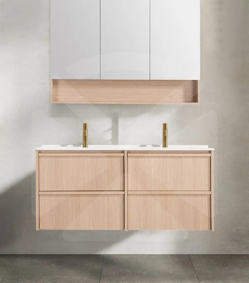 Ridgewood 1200mm Plywood Double Bowl Wall Hung Vanity - Sandy Oak with Ceramic Top