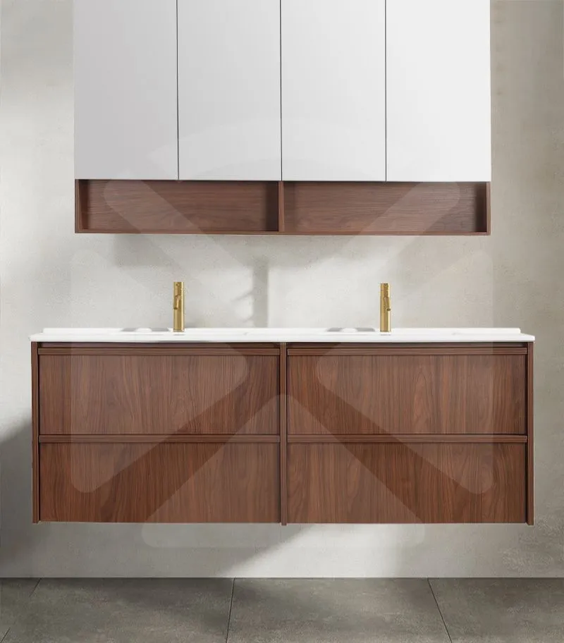 Ridgewood 1500mm Plywood Double Bowl Wall Hung Vanity - Mocha Oak with Ceramic Top