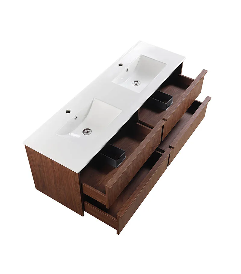 Ridgewood 1500mm Plywood Double Bowl Wall Hung Vanity - Mocha Oak Top View