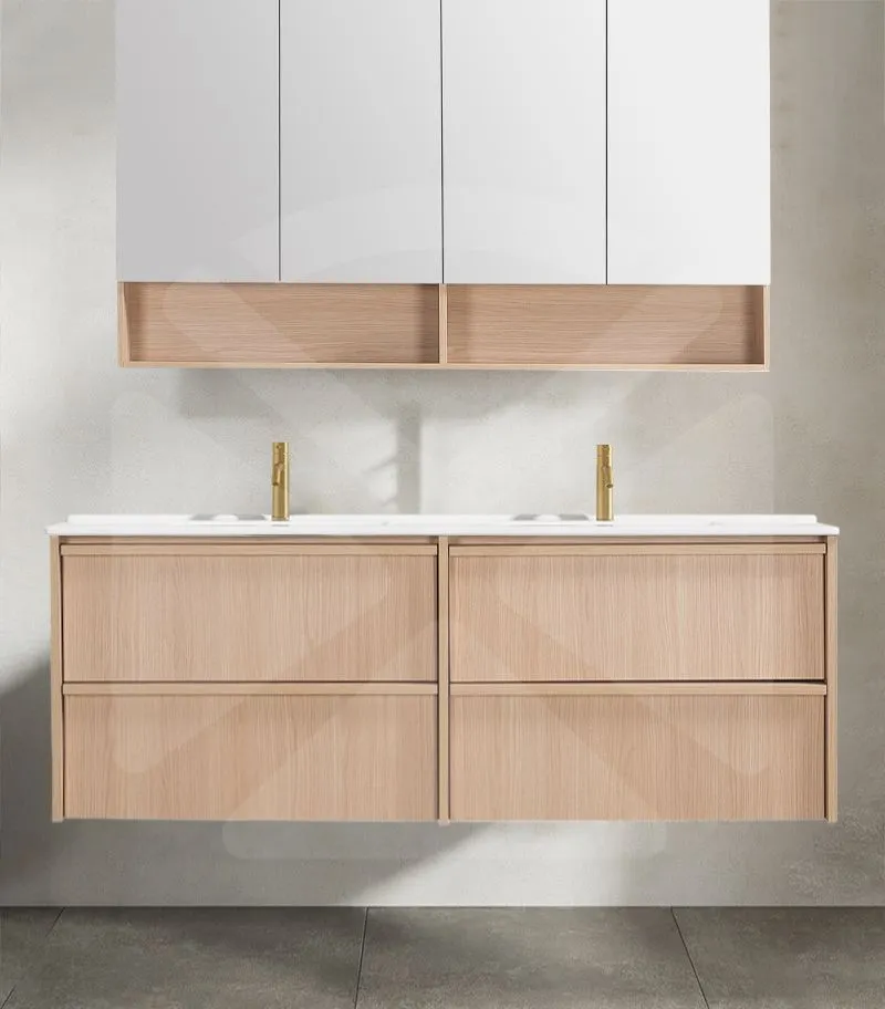 Ridgewood 1500mm Plywood Double Bowl Wall Hung Vanity - Sandy Oak with Ceramic Top